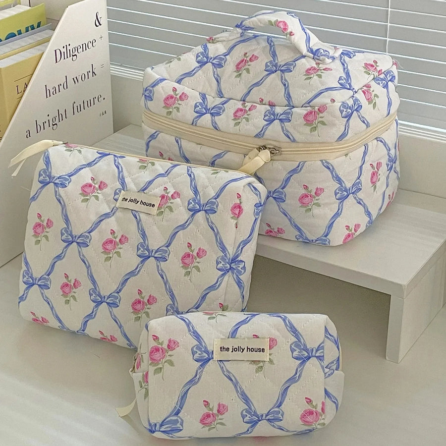 floral knot blue quilted makeup organisers
