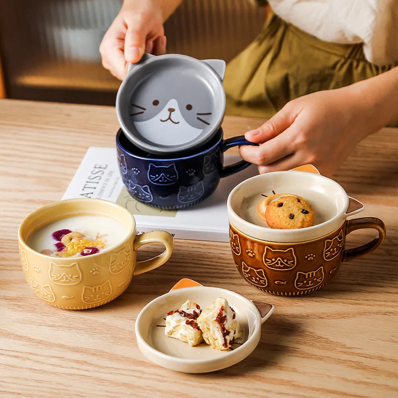 kawaii cat mug and plate set