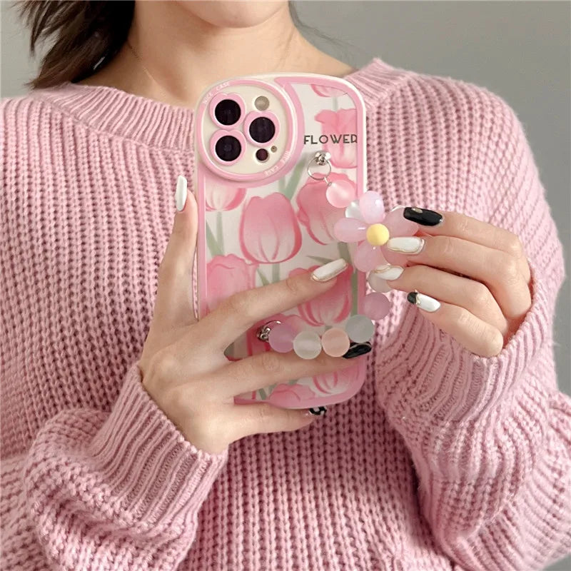 3D Flower Wrist Phone Cover w/Chain