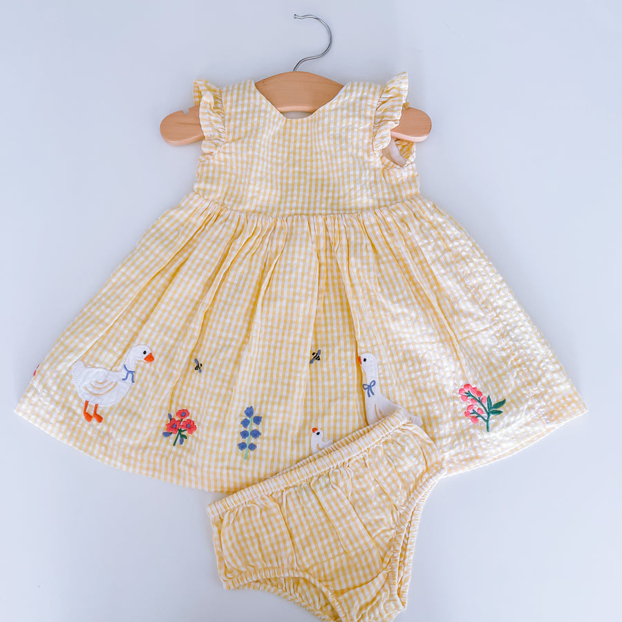 3-6 months John Lewis yellow checked dress and bloomer set