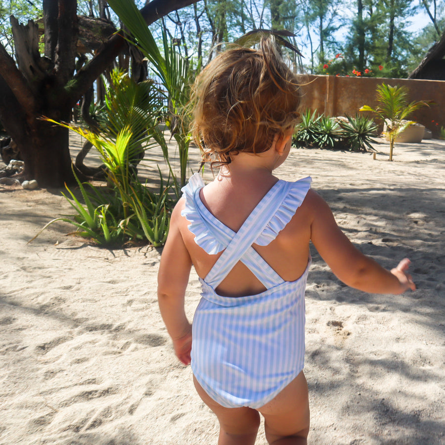 Girls ruffle swimsuit - classic blue stripe