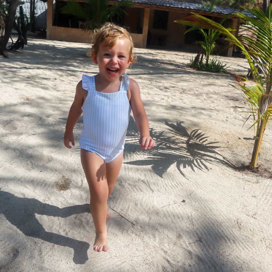 Girls ruffle swimsuit - classic blue stripe